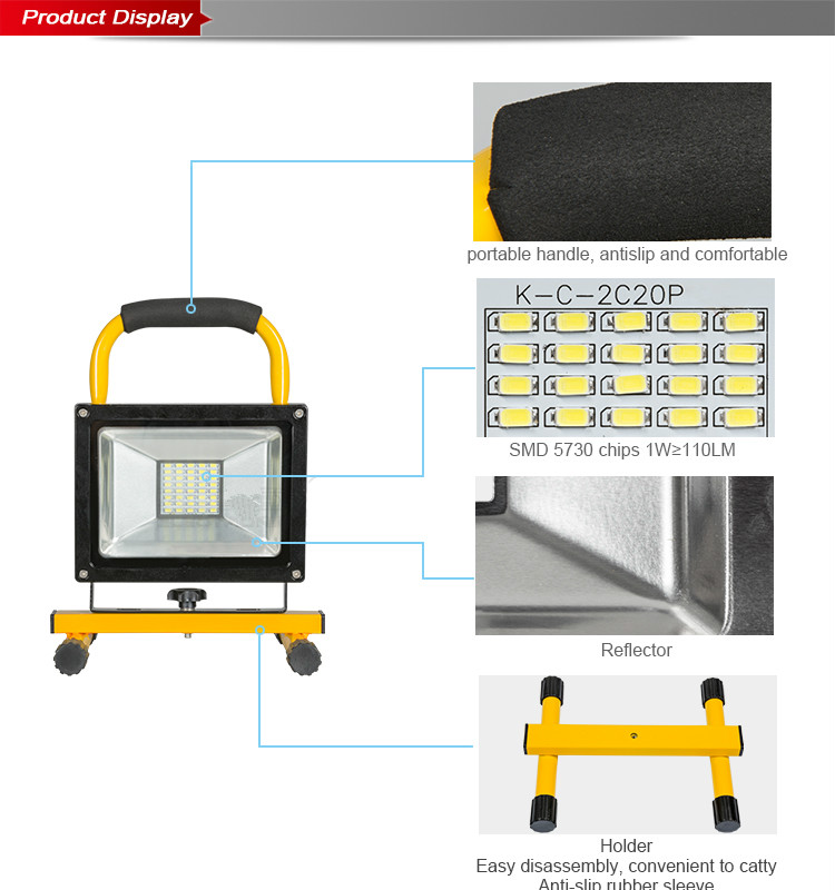 Waterproof outdoor ip65 portable rechargeable 20w led flood light