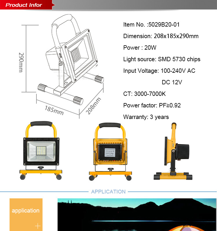 Waterproof outdoor ip65 portable rechargeable 20w led flood light